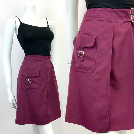 VINTAGE 60s 70s PLUM PURPLE SILVER BUCKLED MOD WRAP SKIRT 8