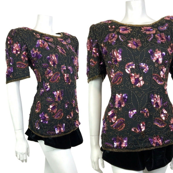 VINTAGE 70s BLACK PURPLE GOLD FLORAL SWIRL SEQUIN DISCO GLAM PARTY TOP 14 16