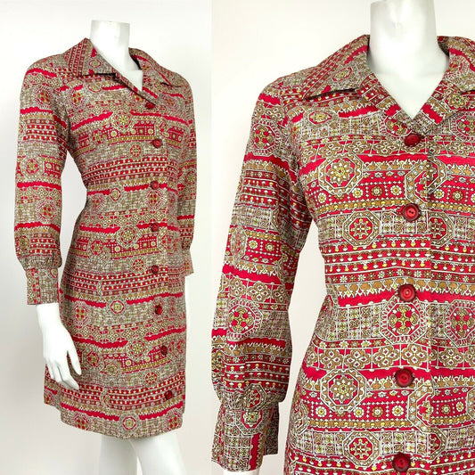 VINTAGE 60s 70s RED BEIGE YELLOW WHITE FLORAL GEOMETRIC SHIRT DRESS 12