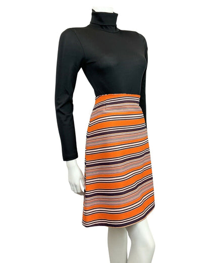 VINTAGE 60s 70s ORANGE BLACK WHITE BLUE STRIPED MOD SHORT SKIRT 14