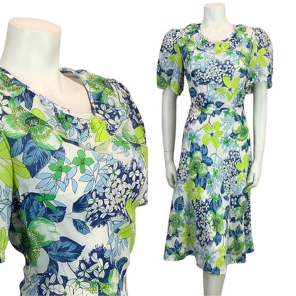 VINTAGE 60s 70s GREEN BLUE WHITE FLORAL PRINT FLOATY RUFFLED BOHO MIDI DRESS 8