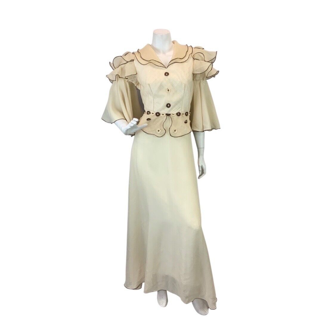 VINTAGE 60s 70s CREAM BROWN RUFFLED DAISY BOHO FOLK PRAIRIE WEDDING MAXI DRESS 8