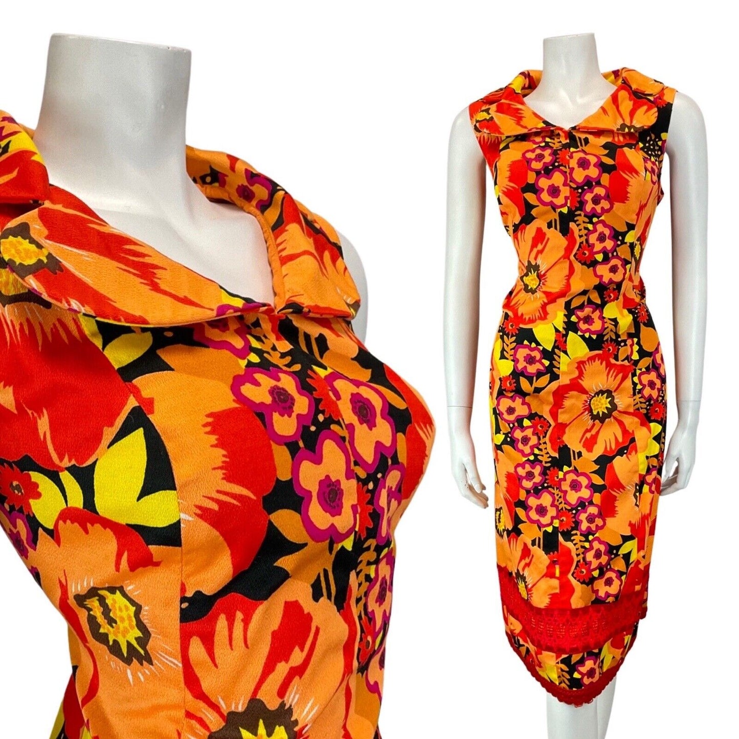 VTG 60s 70s ORANGE RED BLACK PSYCHEDELIC FLORAL CLOVER COLLAR MOD DRESS 12 14