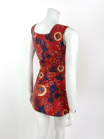 VTG 60s 70s RED BLUE GOLD FLORAL SLEEVELESS MOD SCOOTER MICRO MINI DRESS 10 12