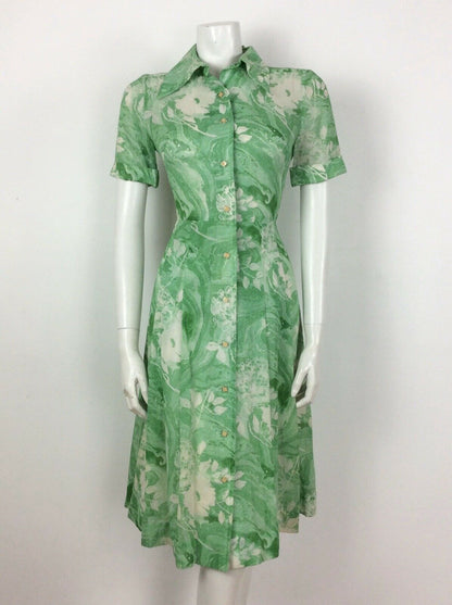 VINTAGE 60s 70s GREEN WHITE SWIRL PSYCHEDELIC SHIRT TEA DRESS 10 12