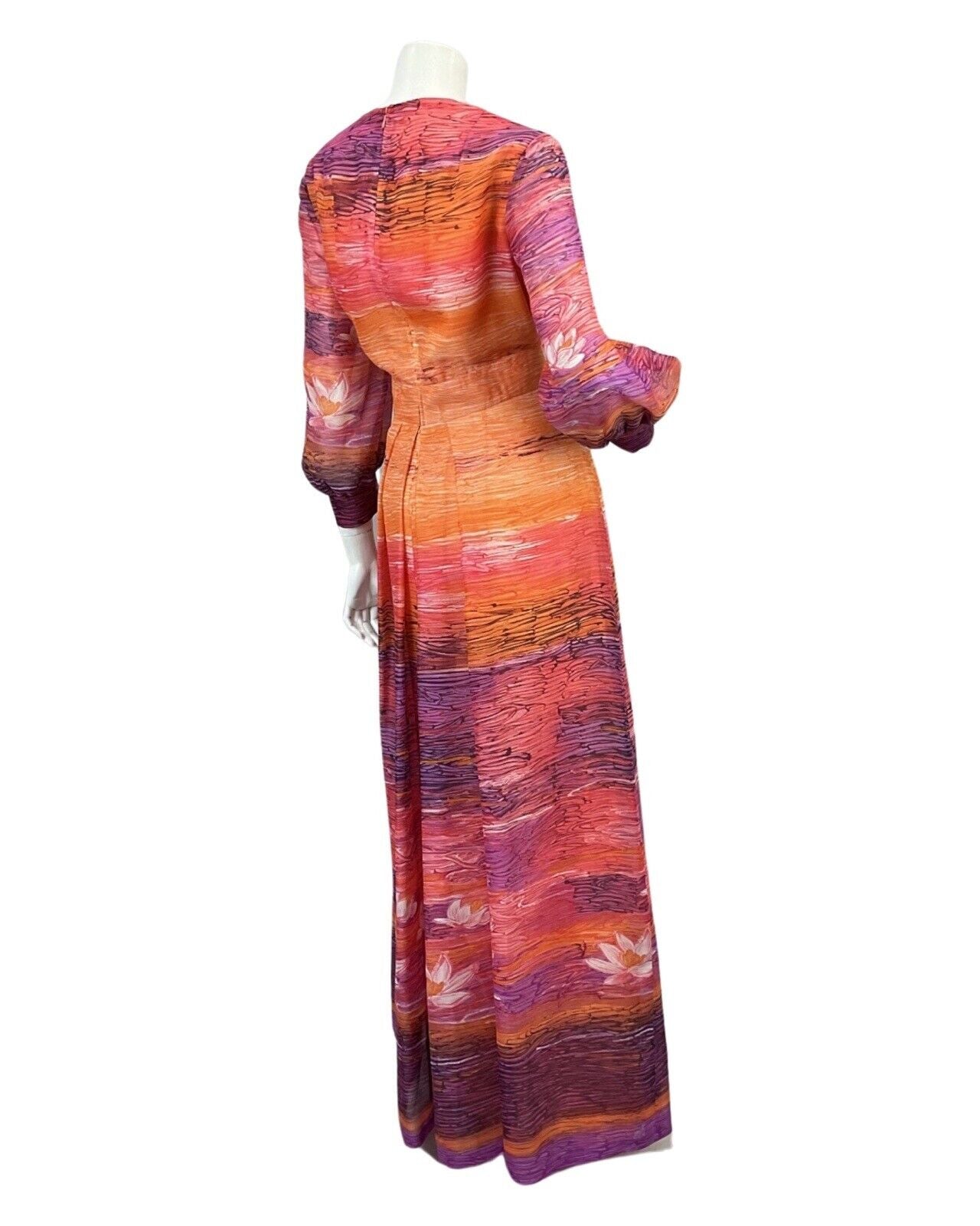 VTG 60s 70s ORANGE PINK PURPLE SUNSET FLORAL BOHO FOLK MAXI DRESS 12 14