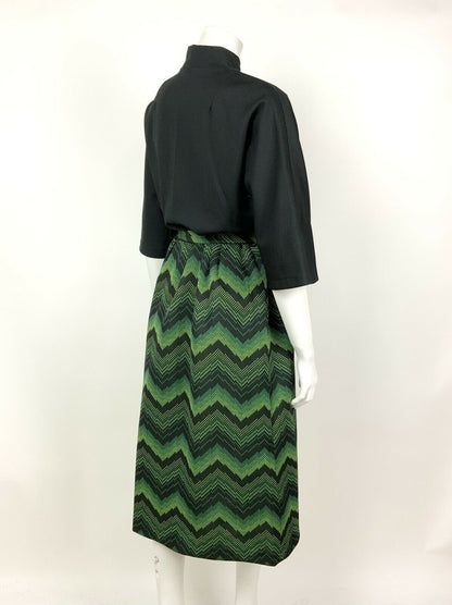 VINTAGE 60s 70s BLACK GREEN LIME ZIG-ZAG CHEVRON PIXEL BELTED MIDI DRESS 12 14