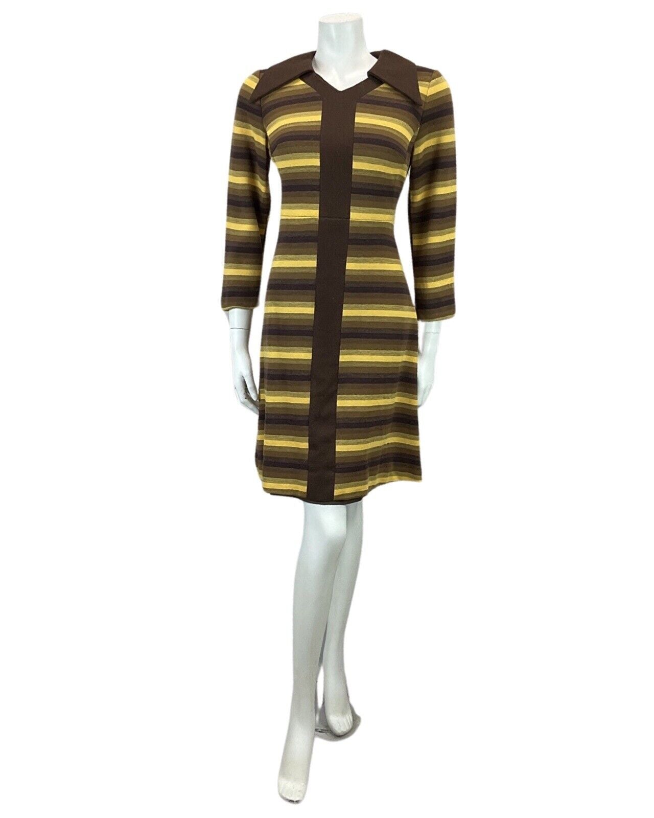 VINTAGE 60s 70s BROWN YELLOW STRIPED MOD BOHO DAGGAR COLLAR MIDI DRESS 10 12