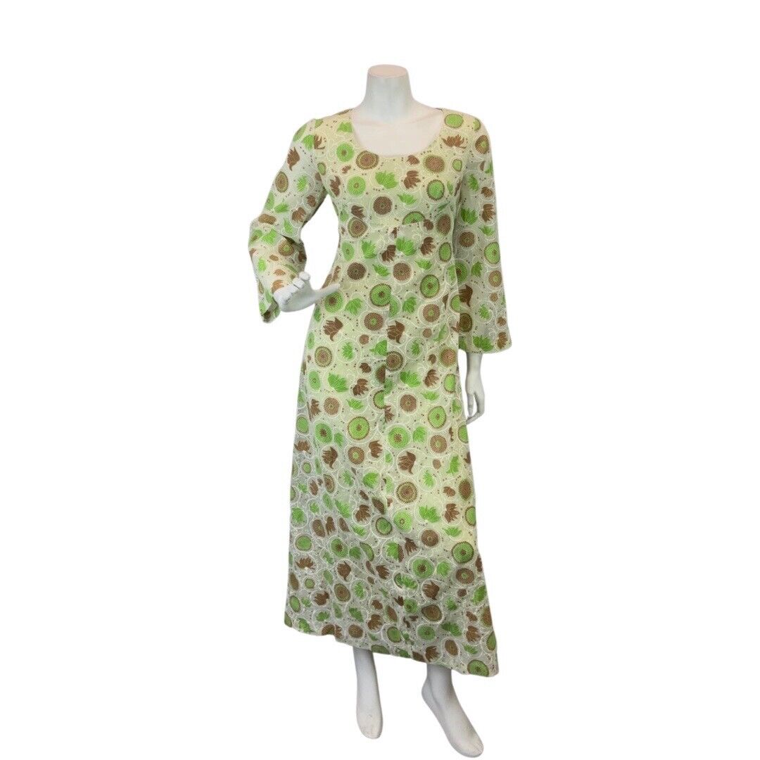 VINTAGE 60s 70s GREEN CREAM BROWN LEAFY VINE FLORAL MOD BOHO SHEER MAXI DRESS 12