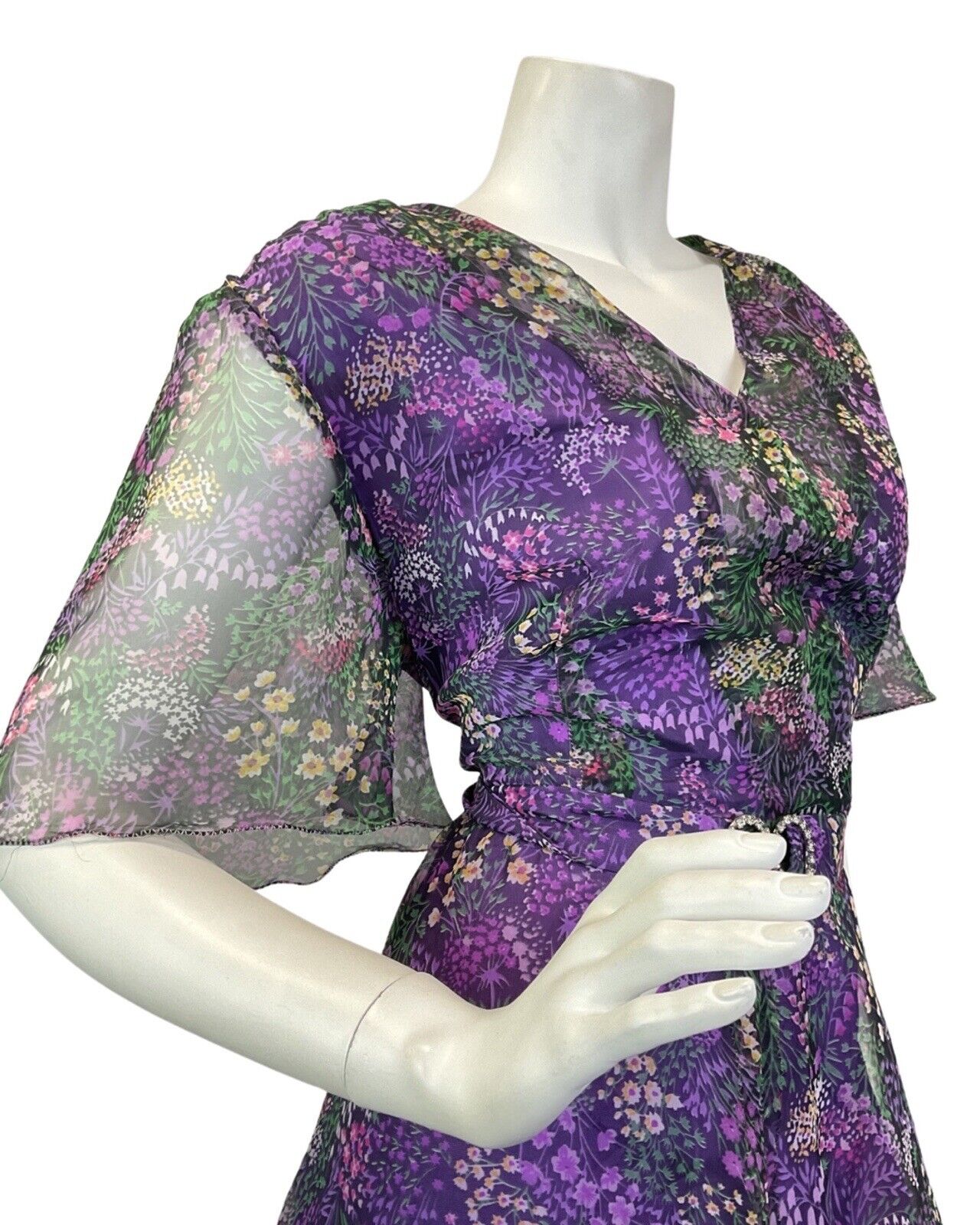 VINTAGE 60s 70s PURPLE BLACK GREEN FLORAL DITSY SHEER BELTED MAXI DRESS 16