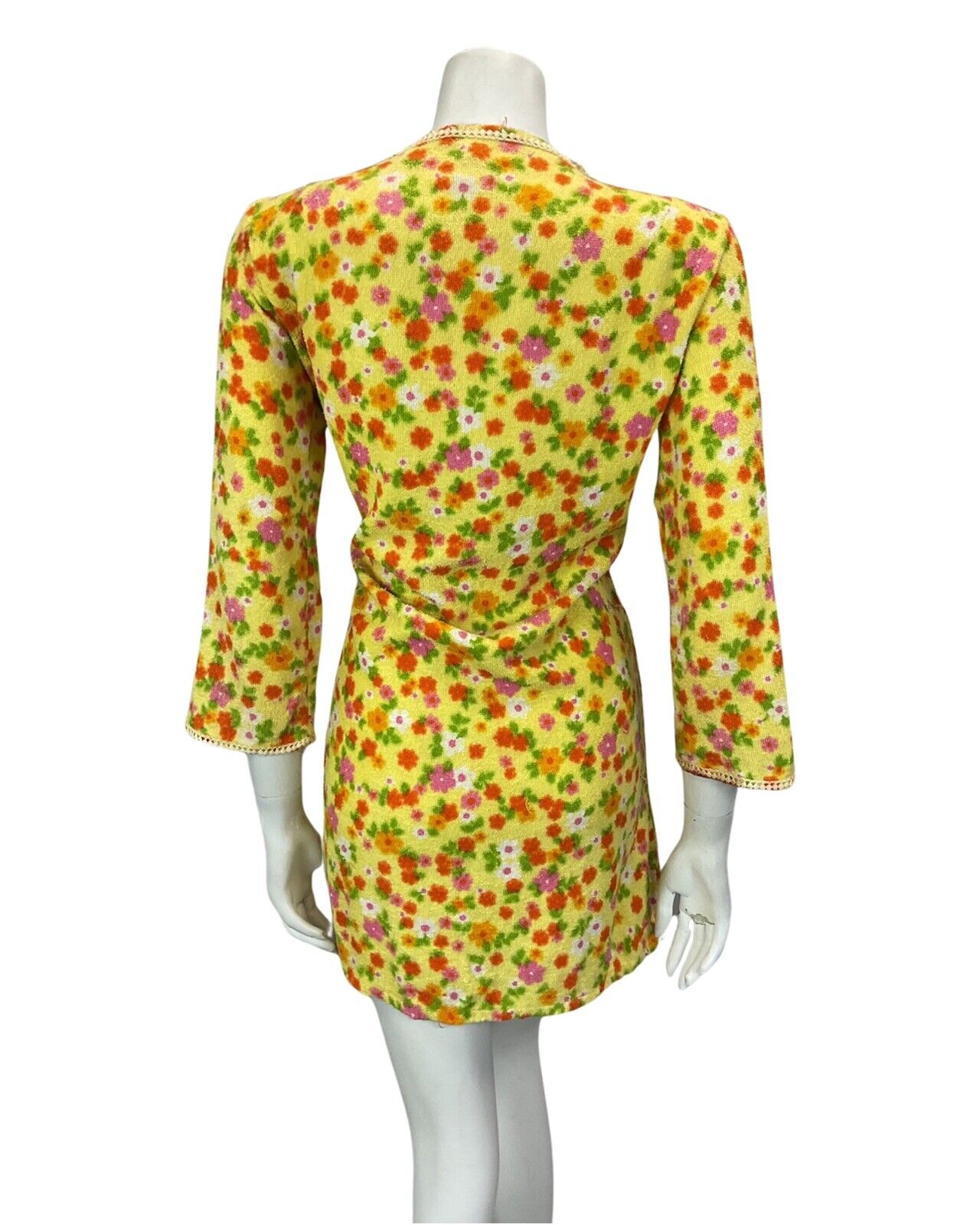 VINTAGE 60s 70s YELLOW ORANGE GREEN PINK FLORAL TOWELLING MINI DRESS 10 12