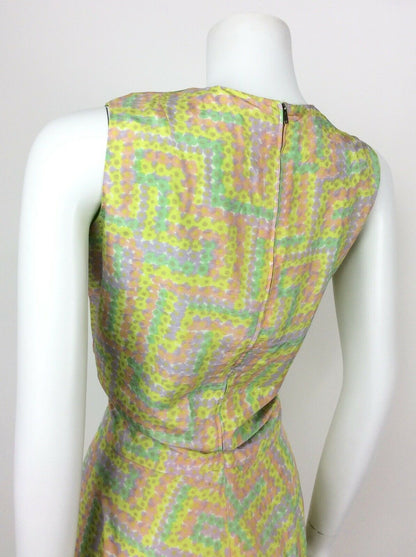 VINTAGE 60s 70s ABSTRACT FLORAL GREEN PINK PURPLE PSYCHEDELIC ACID DRESS 10 12