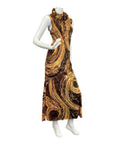 VINTAGE 60s 70s BROWN GOLD CREAM PSYCHEDELIC SWIRL COWL-NECK MAXI DRESS 8 10