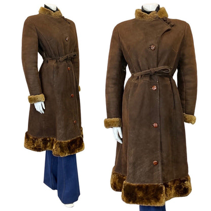 VINTAGE 60s 70s DARK BROWN SUEDE LEATHER BELTED ZHIVAGO SHEARLING COAT 12 14