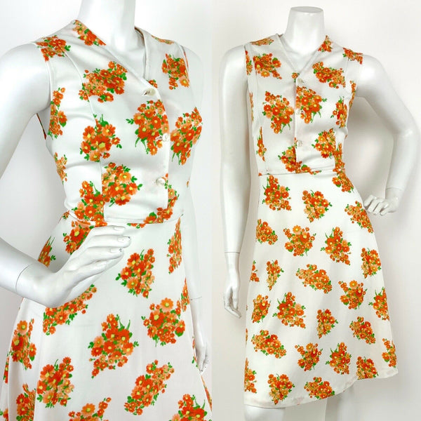 VINTAGE 60s 70s WHITE ORANGE YELLOW RED FLORAL SWING DRESS 10