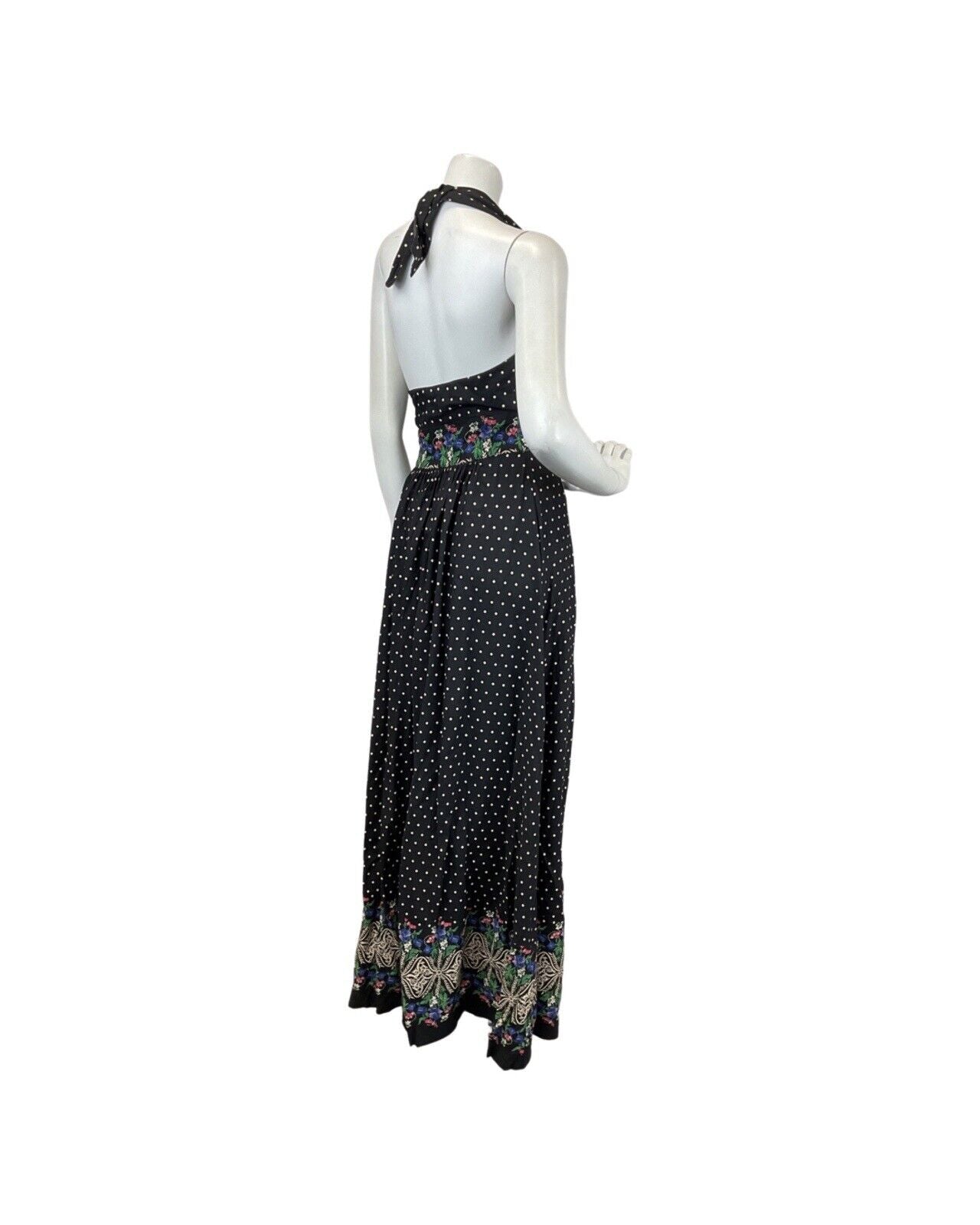 VINTAGE 60s 70s BLACK WHITE BLUE FLORAL POLKA-DOT SUMMER HALTER MAXI DRESS 10