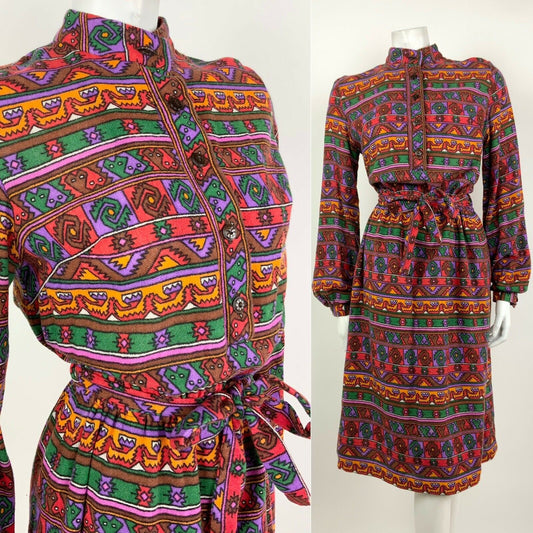 VTG 60s 70s PURPLE RED GREEN YELLOW AZTEC GEOMETRIC TRIBAL DRESS 8 10 12