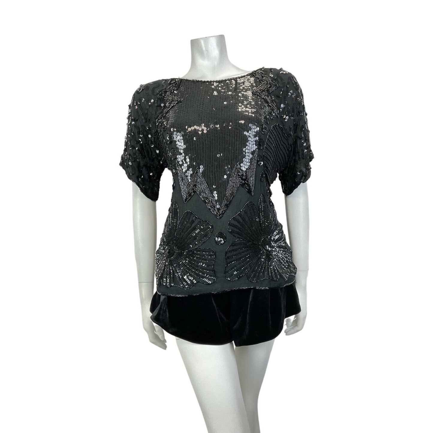 VINTAGE 70s 80s BLACK FLORAL GEOMETRIC DECO SEQUIN BEADED DISCO PARTY TOP 16 18