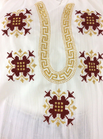 VTG 70s ETHNIC WHITE PEASANT BLOUSE RED GOLD EMBROIDERED MEANDROS GRECIAN 12 14