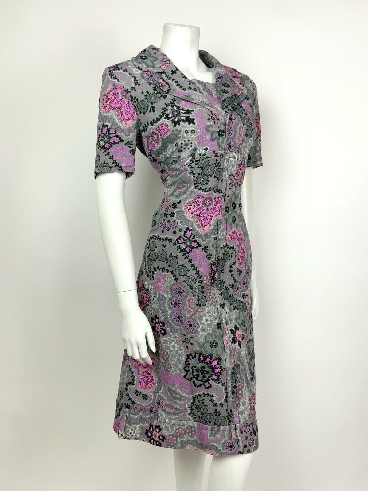 VINTAGE 60s 70s GREY PINK PURPLE BLACK PSYCHEDELIC FLORAL MIDI DRESS 12 14