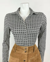 VINTAGE 60s 70s WHITE BLACK GEOMETRIC CHECKERBOARD MOD SHIRT BLOUSE 10 12