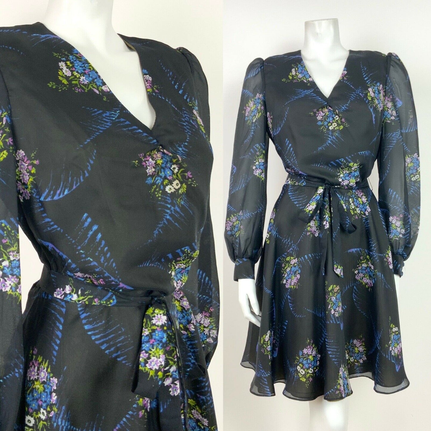 VINTAGE 60s 70s BLACK BLUE PURPLE GREEN FLORAL SHEER FLOATY DRESS 10