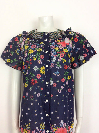 BEAUTIFUL VTG 60S 70S BLUE FLORAL COTTON SHIRRED DRESS 12 14