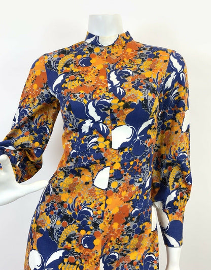 VINTAGE 60s 70s BLUE ORANGE YELLOW PSYCHEDELIC FLORAL DOTTY MOD MIDI DRESS 8