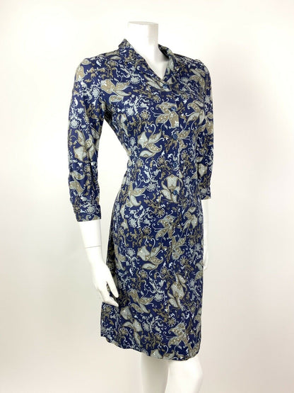 VINTAGE 60s 70s BLUE SILVER BROWN FLORAL PAISLEY PSYCHEDELIC SHIRT DRESS 10