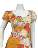 VTG 60s 70s ORANGE RED WHITE FLORAL PSYCHEDELIC MOD PUFF SLEEVE MAXI DRESS 8 10