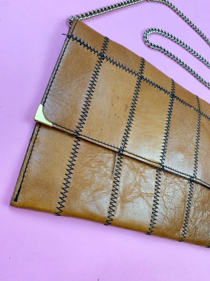 VINTAGE 60s 70s TOFFEE BROWN BLACK PATCHWORK ZIG-ZAG CHAINED BOHO CLUTCH BAG