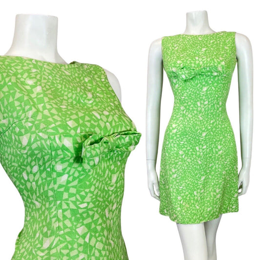 VINTAGE 60s 70s LIME GREEN WHITE GEOMETRIC PSYCHEDELIC MOD MINI SHIFT DRESS 6 8