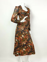 VTG 60s 70s BLACK ORANGE RED GOLD GLITTER LUREX FLORAL SWEETHEART MAXI DRESS 8