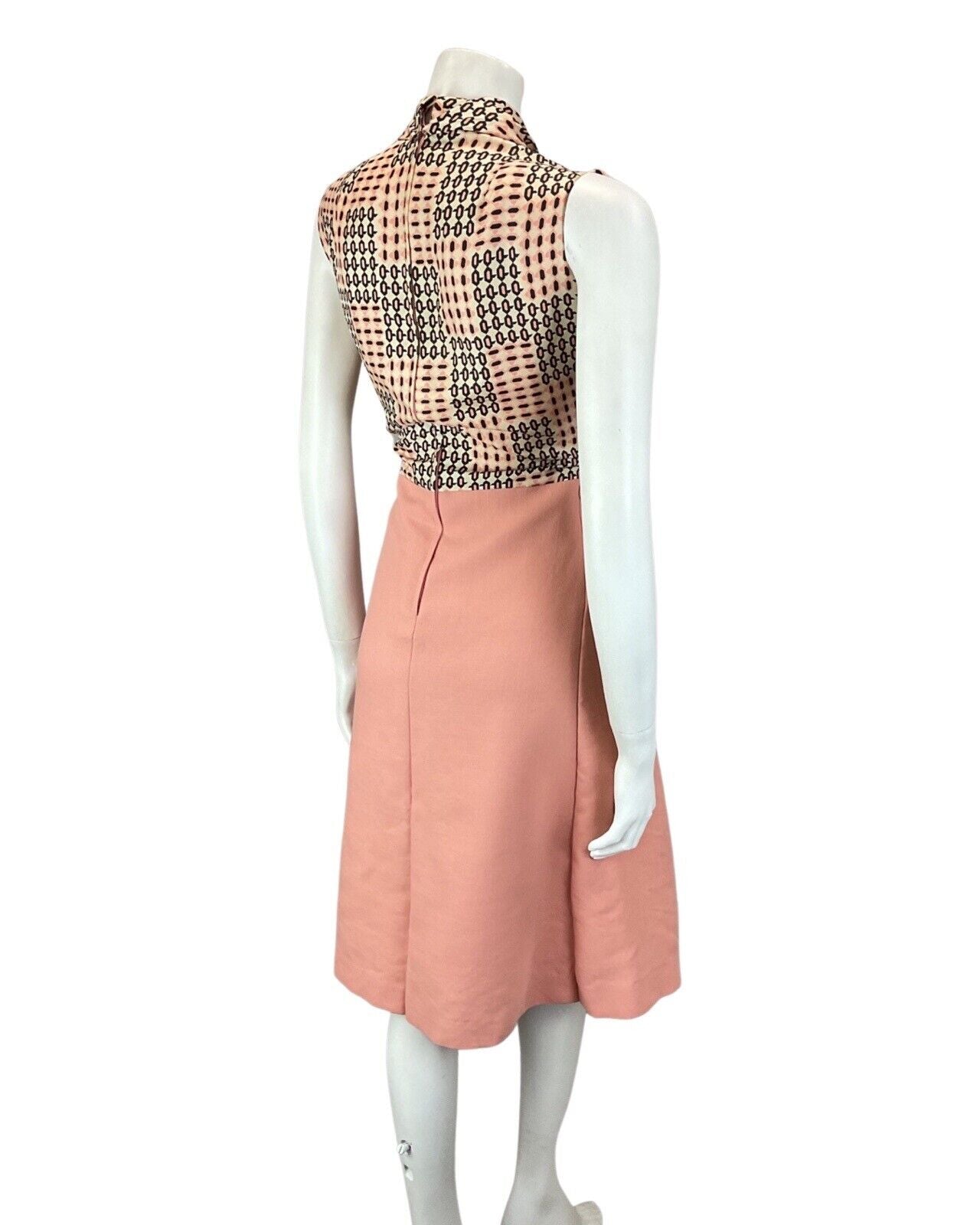 VINTAGE 60s 70s PINK PEACH BLACK GEOMETRIC PUSSYBOW SLEEVELESS DRESS 12