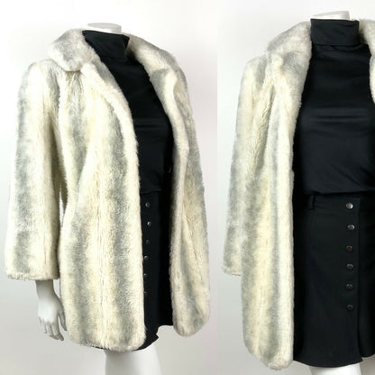 VINTAGE 60s 70s WHITE GREY BLACK STRIPED STUDIO 54 GLAM FAUX FUR COAT 14 16