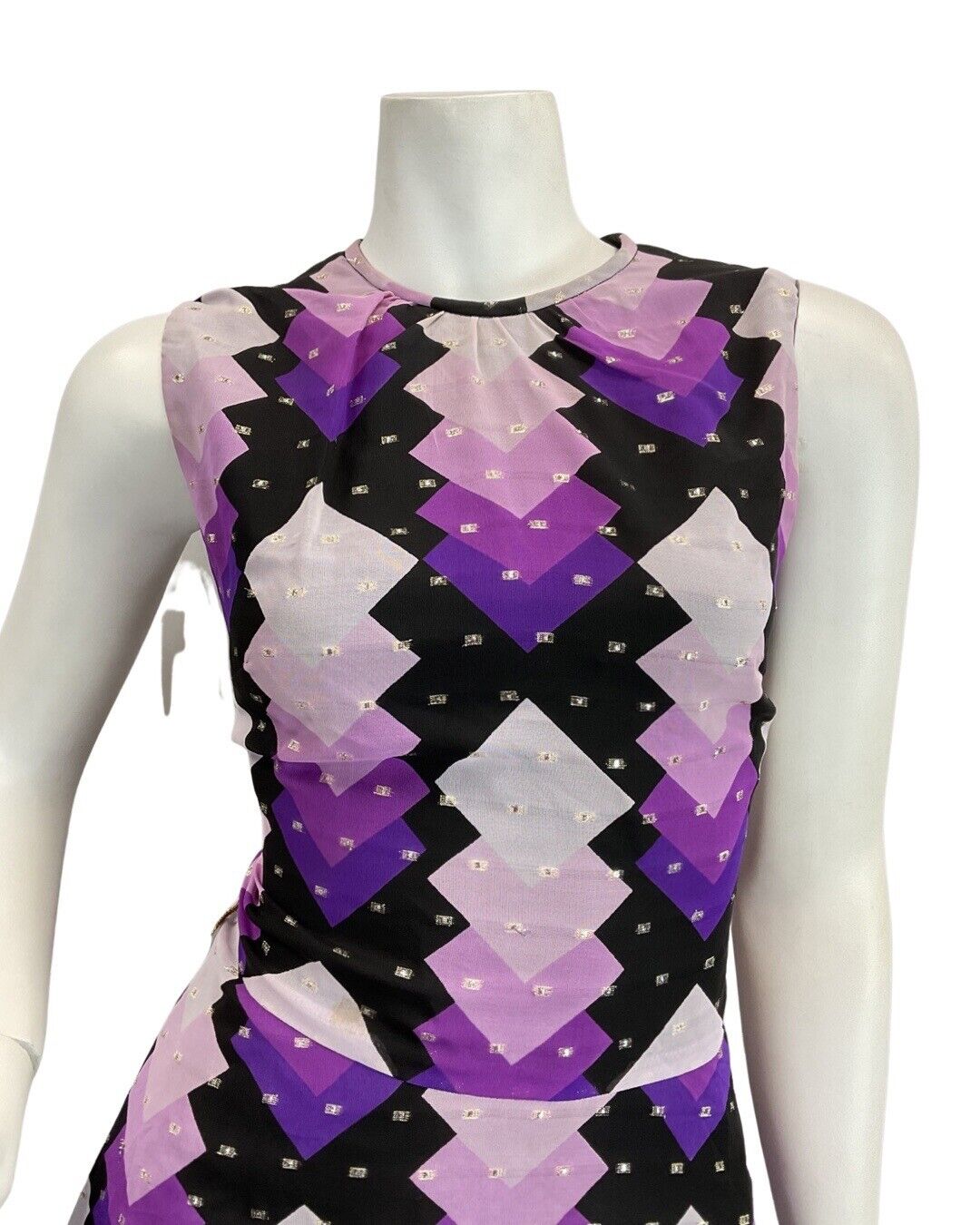 VINTAGE 60s 70s PURPLE BLACK SILVER DIAMOND GEOMETRIC MOD MAXI DRESS 10