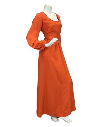 VINTAGE 60s 70s ORANGE FLORAL EMBROIDERY BALLOON SLEEVE BOHO MAXI DRESS 10 12