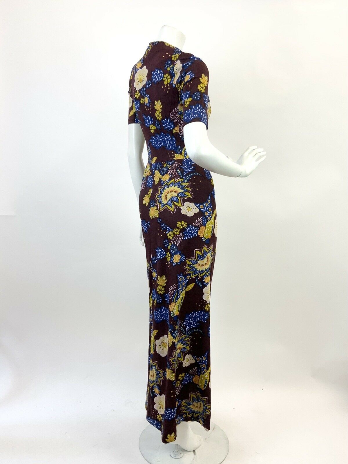 VINTAGE 60s 70s BURGUNDY BLUE GREEN BEIGE FLORAL LEAFY DOTTY FOLK MAXI DRESS 8