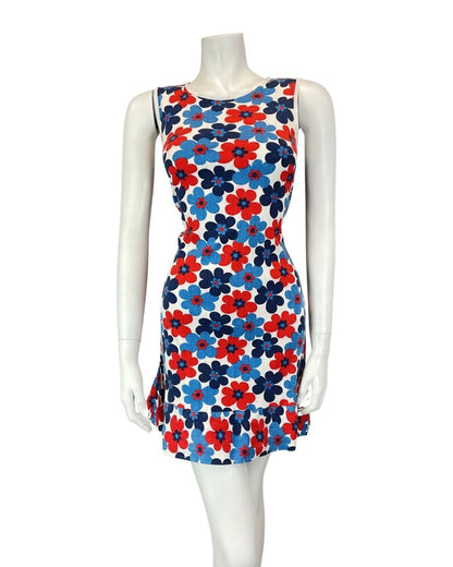 VINTAGE 60s 70s BLUE RED WHITE DAISY FLOWER POWER MOD SLEEVELESS SHORT DRESS 10