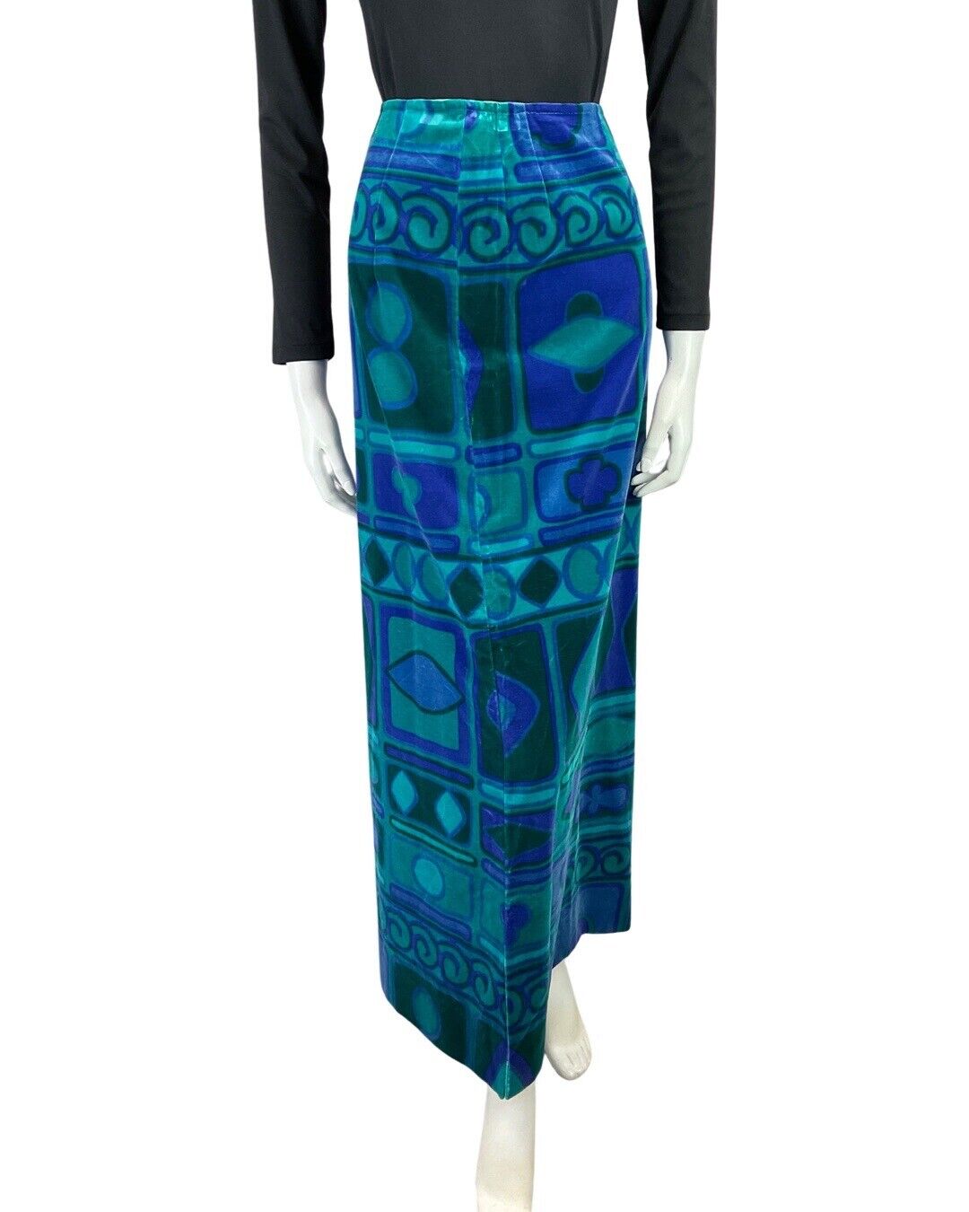 VINTAGE 60s 70s BLUE GREEN GEOMETRIC PANELLED MOD VELOUR MAXI SKIRT 8 10