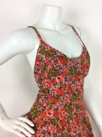 VTG 70S ORANGE RED GREEN BROWN LACE STRAPPY CROSS BACK MAXI DRESS 8