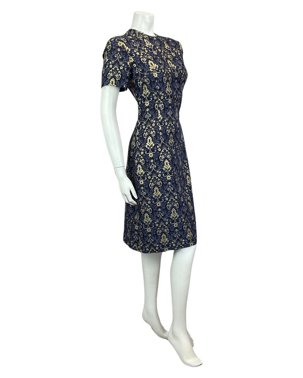 VINTAGE 60s 70s BLUE NAVY GOLD FLORAL MOD MINI PARTY CHRISTMAS EVENING DRESS 14