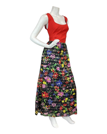 VINTAGE 60s 70s RED BLACK GREEN FLORAL DAISY MOD SLEEVELESS MAXI DRESS 8 10