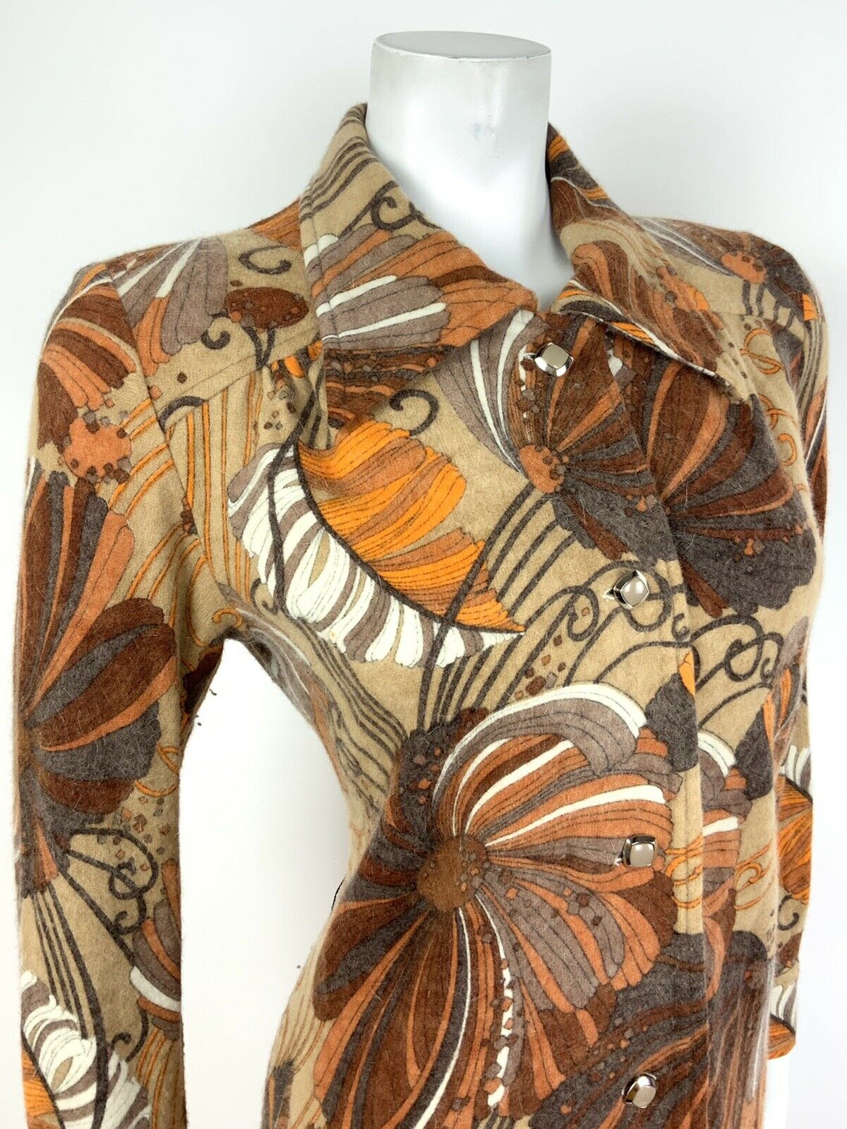 VINTAGE 60s 70s BROWN GREY ORANGE WHITE FLORAL PSYCHEDELIC SHIRT DRESS 14 16