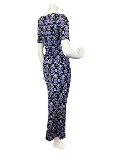 VINTAGE 60s 70s PURPLE BLACK PSYCHEDELIC NOUVEAU DECO MAXI DRESS 10 12