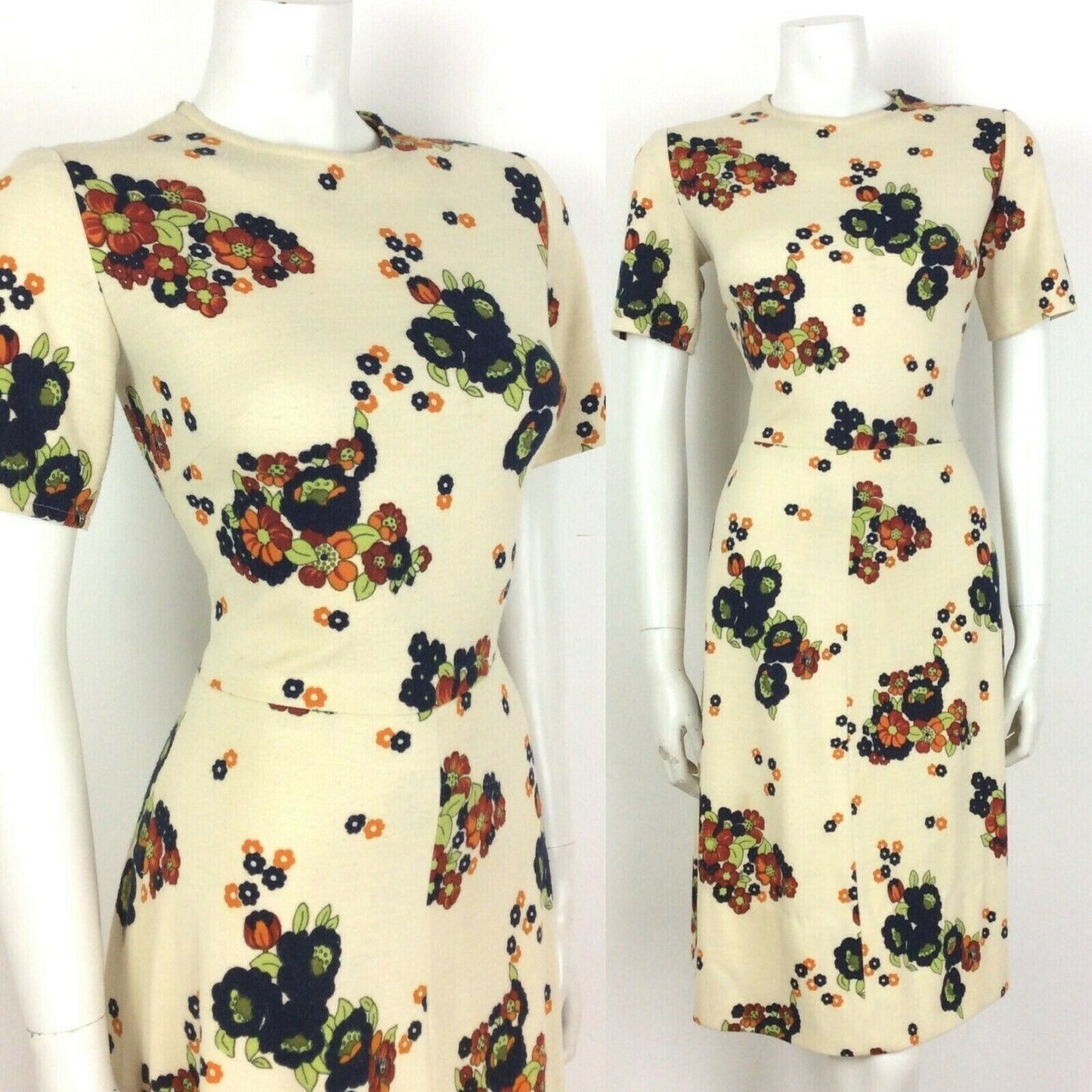 60S 70S VINTAGE CREAM NAVY BLUE FLORAL PSYCHEDELIC DRESS 12