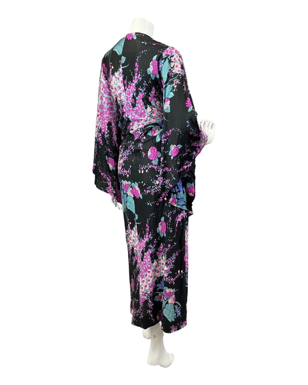 VINTAGE 60s 70s BLACK PINK BLUE FLORAL LEAFY ANGEL SLEEVE MAXI DRESS 12 14