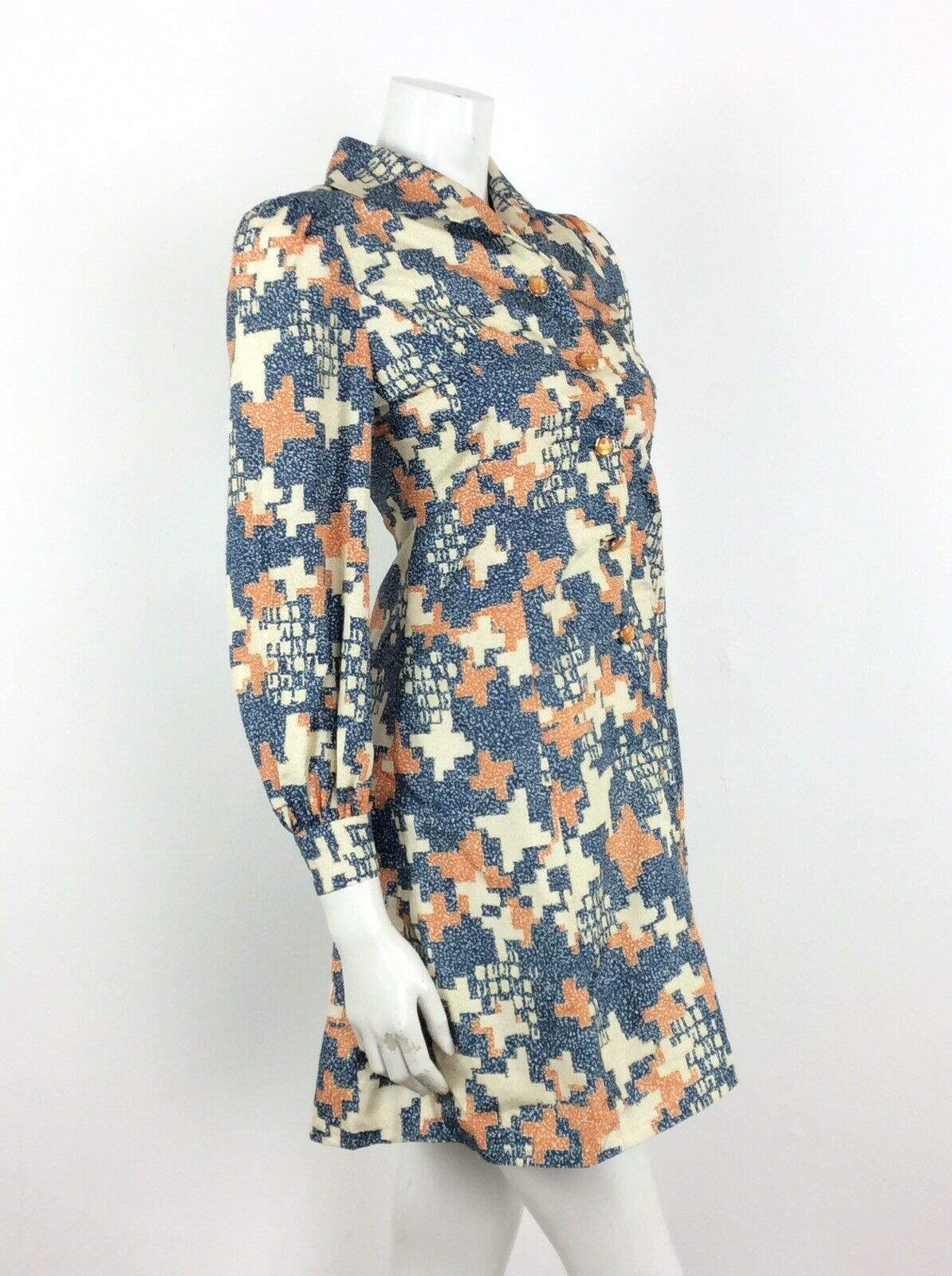 60S 70S VINTAGE CREAM BLUE ORANGE GEO ABSTRACT LONG SLEEVE SHIRT DRESS 8 10