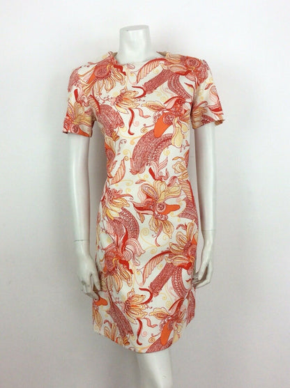 60S 70S VINTAGE ORANGE CREAM PSYCHEDELIC FLORAL SHIFT DRESS 14