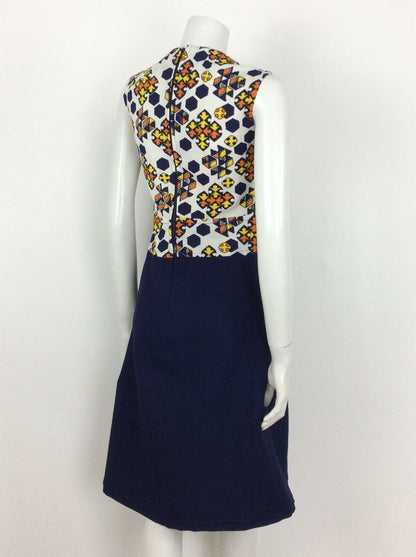 STUNNING VINTAGE 60S NAVY WHITE YELLOW ORANGE GEOMETRIC DRESS 10